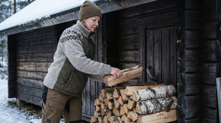 Women preparing wood for sauna during winter retreat in forest setting while focusing on self-care and wellness activities
