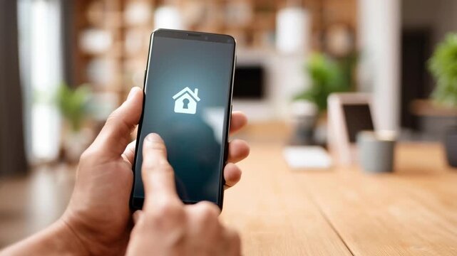 A person is holding a cell phone that has a house icon on it. The phone is on a wooden table