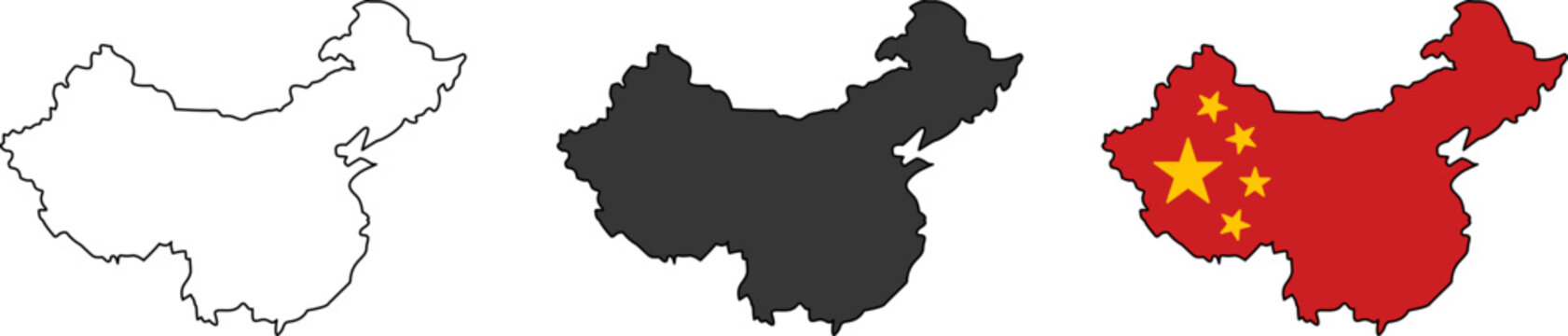 Silhouettes of the map of China in black outline and flag colors, national border and geographical territory, set of silhouettes of Asian countries