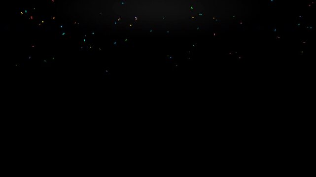 Colorful confetti particles slowly falling and fluttering from the top in a top-down composition style on isolated black background for celebration video overlays
