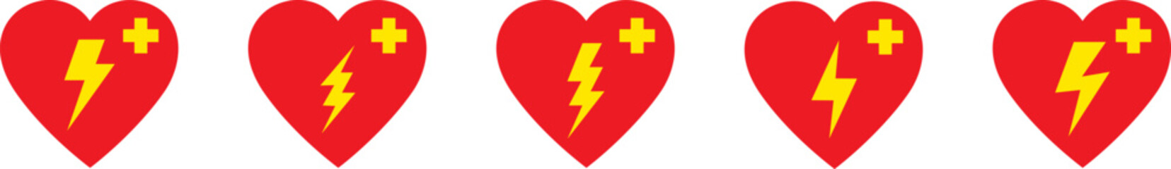 Obraz premium Heart icons with lightning bolt and cross symbols, automated external defibrillator medical emergency signs, cardiac lifesaving equipment icons