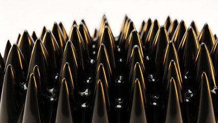 Abstract ferrofluid reacts to a magnet, forming black, metallic spikes reflecting golden light in a clean lab. Ideal for science, tech, innovation, or futuristic design projects.