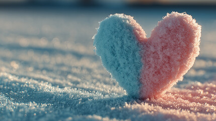 Fototapeta premium A charming heart shape made of pink and blue snow stands out against a sparkling, soft snowy background, evoking a sense of winter magic and love.