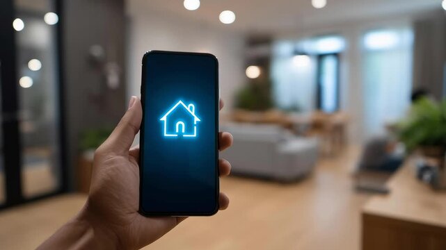 A person is holding a phone with a house icon on it. Concept of modern technology and convenience, as the house icon is likely related to a smart home system or a home automation app