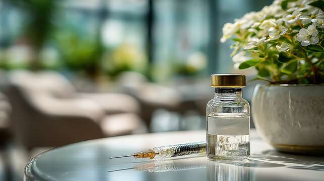 A clear vial with a golden cap sits beside a syringe, both placed elegantly on a table, with a lush plant in the background, creating a serene atmosphere.