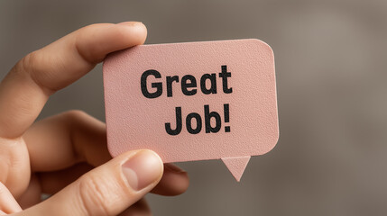 A hand holds a textured pink speech bubble card that reads Great