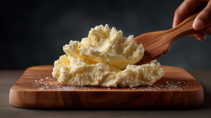 Shea butter chunks on wooden cutting board with hand holding spoon, natural skincare ingredient for beauty and wellness products