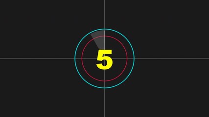 Digital film leader countdown interface featuring changing colored numbers from ten to zero with concentric rings and crosshairs on isolated black background for screen overlay. - Powered by Adobe
