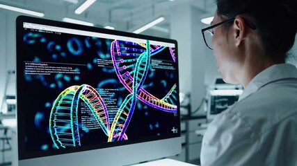 A scientist analyzes detailed DNA structures on a monitor in a research lab - Powered by Adobe