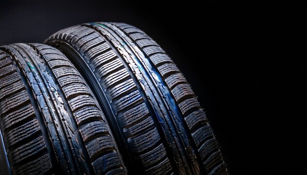 automotive product style shot of multiple tires close up tread grooves crisp and defined glossy black background enhancing modern industrial look