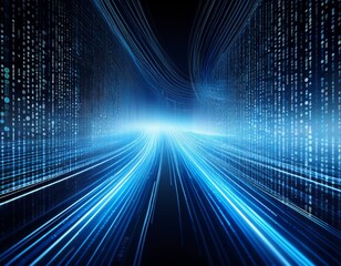 abstract digital background with blue binary code and light streaks on black representing data flow in technology or cyber security concept isolated on white background