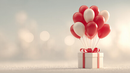 A cheerful gift box with a red ribbon is buoyed by a cluster of red and white balloons, creating a festive and celebratory atmosphere.