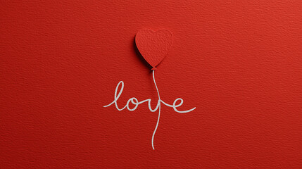 A vibrant red background features a playful paper heart balloon above the word love, embodying warmth and affection in a minimalist design.