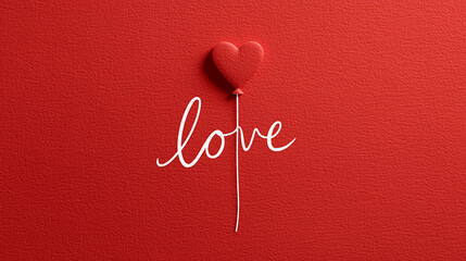 A vibrant red background features a heart-shaped balloon attached to a whimsical script spelling love, symbolizing affection and romance.