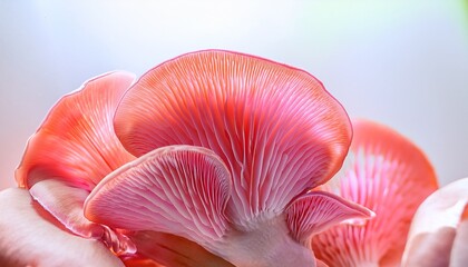 macro photo of coral pink oyster mushrooms with soft light on white background