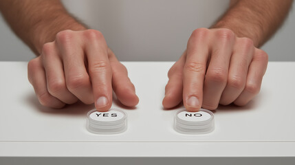 A person?s fingers hover over a YES and NO button, illustrating a moment of decision-making. The clean design emphasizes choices and options.