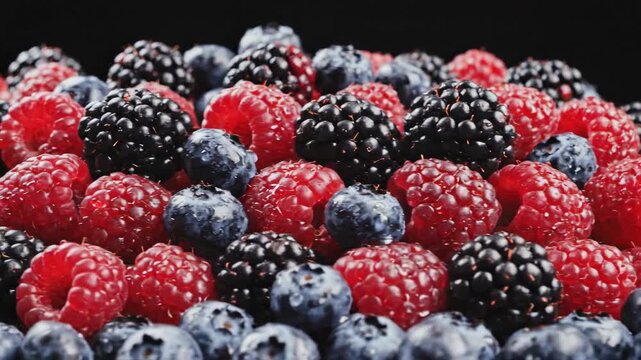 Fresh Berry Medley - Raspberries, Blueberries, and Blackberries Close-Up.