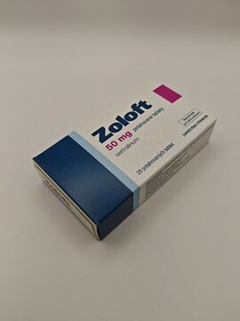 Prague,Czech Republic-April 8 2025: Pfizer Zoloft tablets with sertraline SSRI antidepressant for depression, anxiety disorder and mood stabilization therapy.