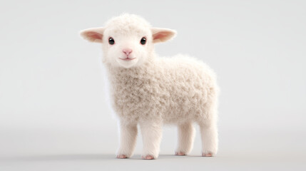 Fototapeta premium A cute, fluffy lamb with big, expressive eyes stands against a soft, neutral background, exuding an adorable charm.