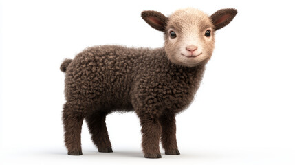 Naklejka premium A fluffy brown lamb stands on a white background, showcasing its adorable face and soft, textured wool.