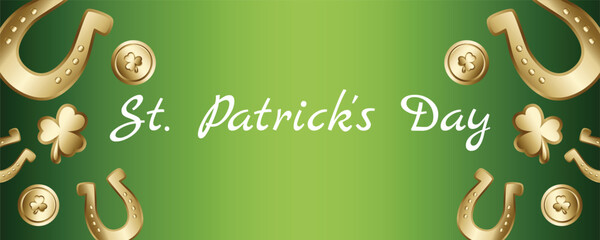 St Patricks Day banner with green gradient and gold coins clover and horseshoe