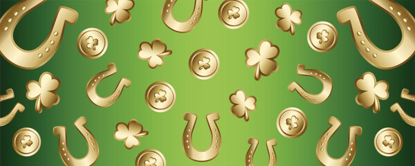 St Patricks Day background with green gradient gold coins clover and horseshoe