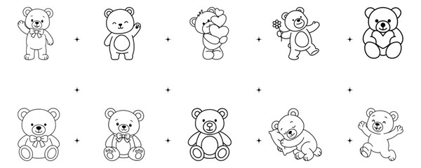 Set of Valentine Teddy Bear Line Art