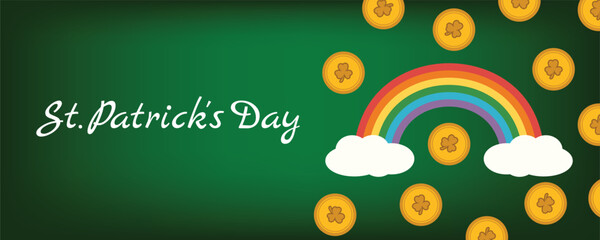 St Patricks Day banner with green gradient gold coins and rainbow