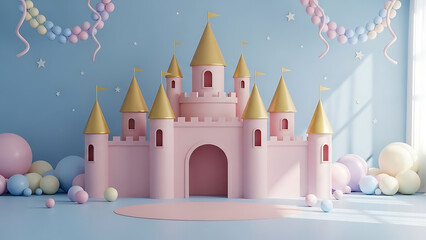 Fototapeta premium Pink castle with gold turrets and colorful balloons on blue background