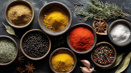 Aromatic Spices and Culinary Herbs in Rustic Ceramic Bowls - Gourmet Cooking Ingredients Arrangement