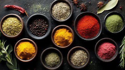 Aromatic Spices and Culinary Herbs Arranged in Bowls - Gourmet Cooking Ingredients Composition