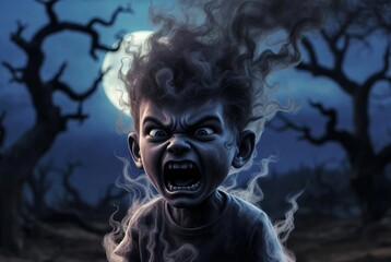 A terrifying night on the full moon as a ghostly child screams in an eerie landscape