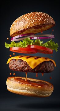 Dynamic exploded burger with juicy patty, melted cheese, fresh vegetables, sesame buns suspended mid-air, drizzled with sauce on dark background, showcasing deliciousness
