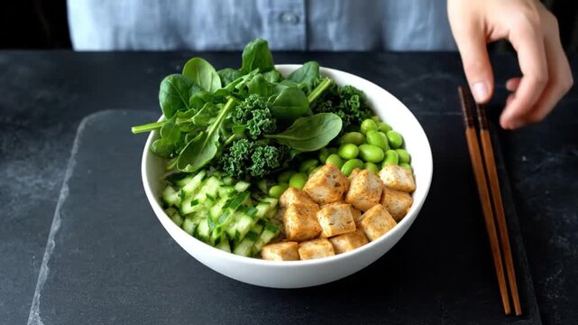 A close-up video shows hands carefully adding fresh green spinach leaves into a vibrant white bowl filled with healthy ingredients like crispy tofu edamame beans and chopped cucumbers creating a delic