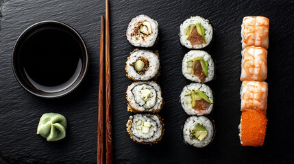 Elegant Sushi Rolls Flatlay with Soy Sauce, Wasabi, and Chopsticks - Japanese Cuisine Gourmet Presentation