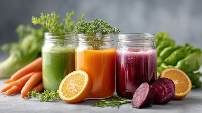 Bunte Detox-Smoothies aus frischem Obst und Gem&uuml;se im Glas &ndash; gesunde Ern&auml;hrung und Fr&uuml;hjahrsdi&auml;t