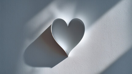Abstract heart-shaped shadow on clean off-white surface with soft diffused light. Minimal, calm composition suitable for modern branding, Valentine&rsquo;s Day banners, or wellness packaging with copy space