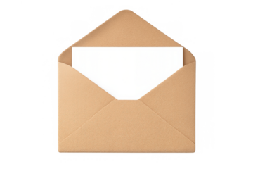 Kraft paper envelope open with blank white card or letter inside, ready for a message or invitation, transparent background