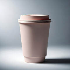 A pink disposable coffee cup with a lid on a gray background