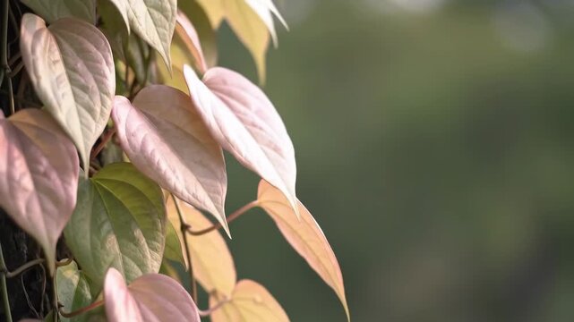 Close up of heart shaped leaves of a plant with a blurred background.