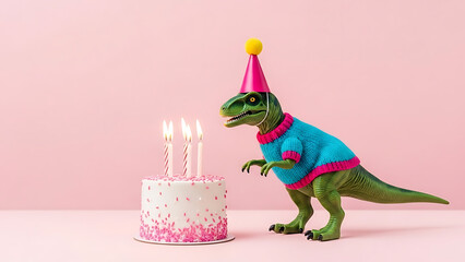 A toy dinosaur wearing a party hat and sweater stands next to a birthday cake