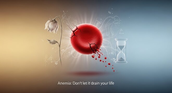 Failing red cell with bright cracks, spilling liquid droplets, near a drooping white flower and a clear sand filled timekeeper. This shows fading vitality and health depletion.