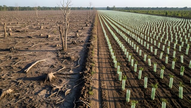 Contrast of deforestation and reforestation, a stark visual representation of environmental impact and conservation efforts. One side shows barren land, while the other thrives with new growth