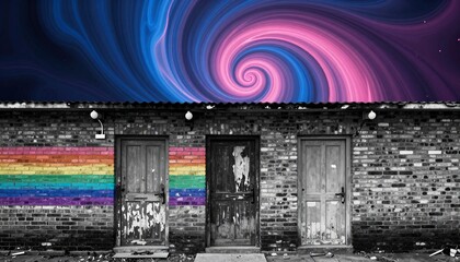 Cosmic Vortex Over Colorful Doorway