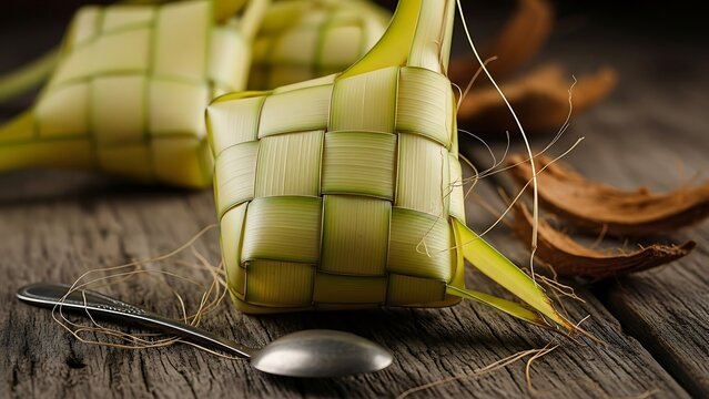 Traditional Southeast Asian dessert ketupat or tipat on wooden table.
