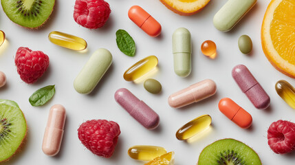 Nutritional Supplements Flatlay with Multivitamin Capsules and Fresh Fruits - Healthy Lifestyle Concept