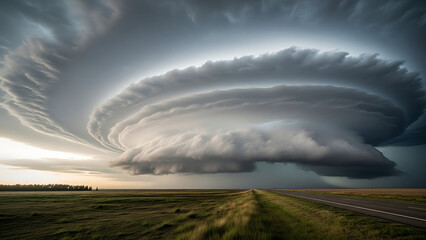 A dramatic storm cloud looms over a rural landscape with a road