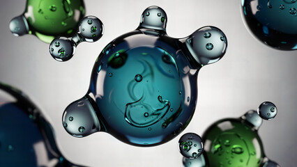 Realistic 3d rendering of glossy teal water molecules floating in space