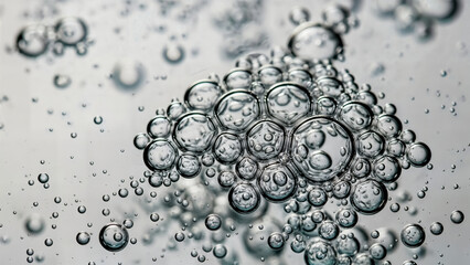 Macro view of transparent bubbles clustered together on grey surface