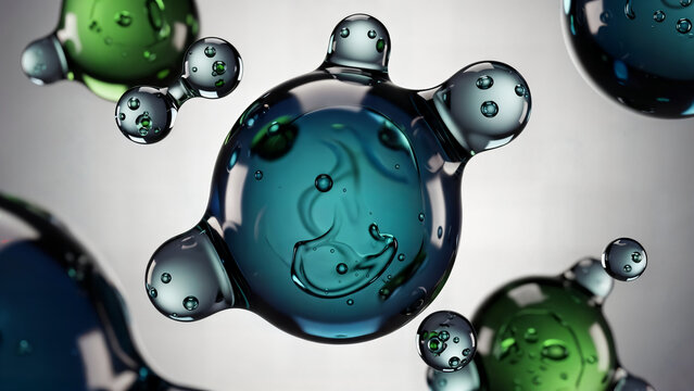Realistic 3d rendering of glossy teal water molecules floating in space - Powered by Adobe